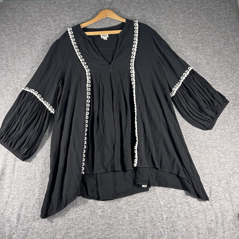 Ivy Jane Anthropologie Women Black Balloon Sleeve Embroidered Top Asymmetric L